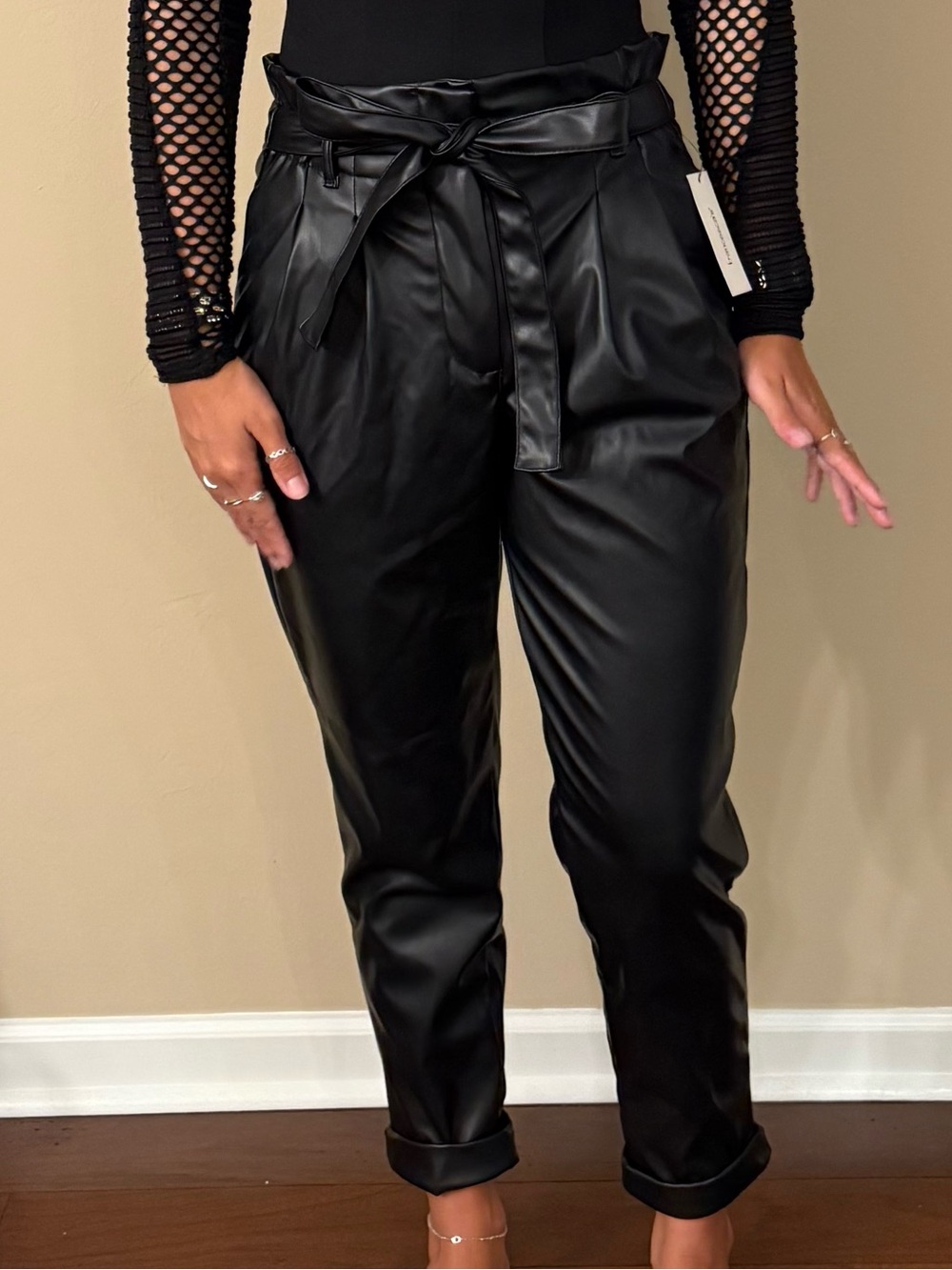 Francesca's Black Faux Leather Paperbag Waist Trousers with Tie Belt